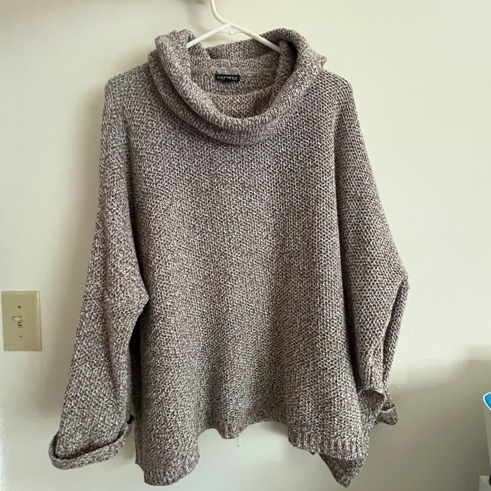 Express XS/S Oversized Cowl Neck Sweater Taupe Brown Marled Knit Dolman Sleeve